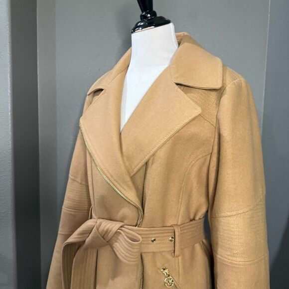 Michael Kors Asymmetrical Belted Walker Coat Wool Blend Camel Gold hardware - Picture 3 of 11